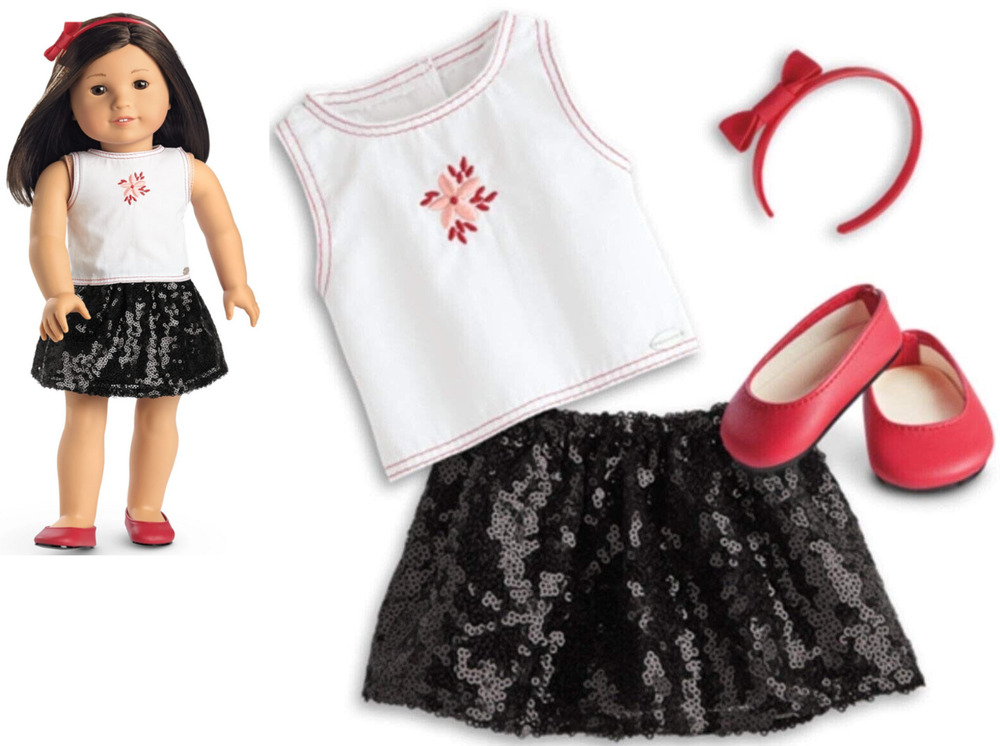American Girl Black Sequin Skirt Outfit Flower Doll Top Red Shoes Bow Headband
